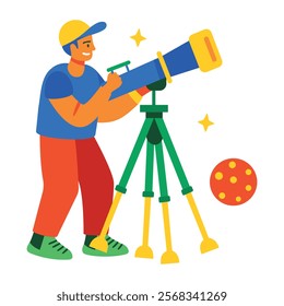 A flat illustration of an astronomer seeing through telescope