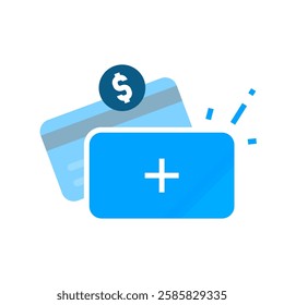 Flat illustration of an ATM card with a plus sign and a dollar symbol, representing the addition of a new payment method. Ideal for finance, banking, fintech, and digital payment concepts