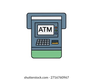 Ilustración plana de un cajero automático utilizado para conceptos bancarios y de retiro de efectivo.