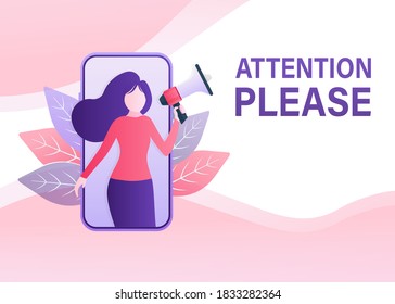 Flat illustration with attention people for concept design. Woman shout at the megaphone. Pay attention concept. Flat illustration. Vector illustration.