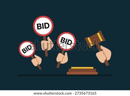 Flat illustration of an auction bidding process with hands holding paddles and a judge's gavel hammer