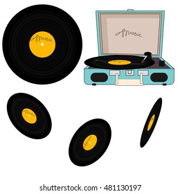 Flat illustration with audio vinyl turntable, device, music. Vector illustration