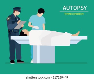 Flat illustration. The autopsy of the murder victim. Forensic procedure.