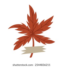 Ilustración plana de una hoja de otoño del herbario. Arce japonés. Flor seca sobre blanco. elemento decorativo de diseño floral. Hierbas, hojas de planta con un pedazo de cinta. ilustración botánica