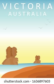 Flat Illustration. Awesome beach view on Great ocean road, Victoria . Enjoy the travel. Around the world. Quality vector poster. Australia.