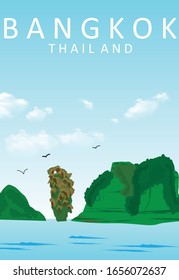 Flat Illustration. Awesome beach view on Pattaya Beach, Bangkok. Enjoy the travel. Around the world. Quality vector poster. Thailand