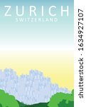 Flat Illustration. Awesome city view in sunny day on valley cottage, Zurich. Enjoy the travel. Around the world. Quality vector poster. Switzerland.