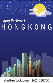 Flat Illustration. Awesome city view in night day in sky tower, Victoria peak. Enjoy the travel. Around the world. Quality vector poster. Hong Kong.