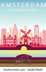 Flat Illustration. Awesome city view in sunny day in Windmill Bridge, Amsterdam. Enjoy the travel. Around the world. Quality vector poster. Netherlands.