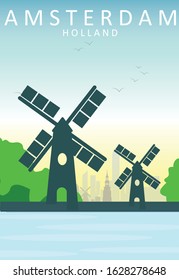 Flat Illustration. Awesome city view in sunny day in Windmill Villages, Amsterdam. Enjoy the travel. Around the world. Quality vector poster. Netherlands.