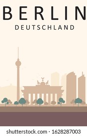 Flat Illustration. Awesome city view in sunny day in Brandenburg Gate, Berlin. Enjoy the travel. Around the world. Quality vector poster. Deutschland.