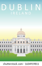 Flat Illustration. Awesome city view in sunny day on Government building, Dublin. Enjoy the travel. Around the world. Quality vector poster. Ireland.