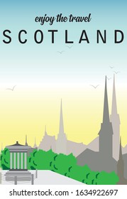 Flat Illustration. Awesome city view in sunny day on valley nature. Enjoy the travel. Around the world. Quality vector poster. Scotland.