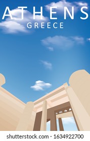 Flat Illustration. Awesome city view in sunny day in Historical Monument, Athens. Enjoy the travel. Around the world. Quality vector poster. Greece.