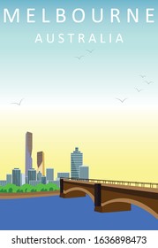 Flat Illustration. Awesome city view on Princes Bridge, Melbourne. Enjoy the travel. Around the world. Quality vector poster. Australia.