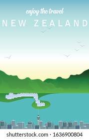 Flat Illustration. Awesome city view on villages and Townhouses,  Queenstown. Enjoy the travel. Around the world. Quality vector poster. New Zealand.