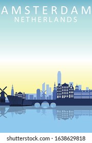 Flat Illustration. Awesome city view in sunny day in Windmill Villages, Amsterdam. Enjoy the travel. Around the world. Quality vector poster. Netherlands.