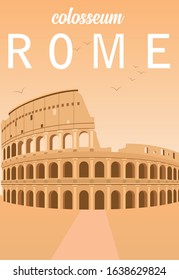 Flat Illustration. Awesome city view in sunny day in Historical colosseum, Rome. Enjoy the travel. Around the world. Quality vector poster. Italy.