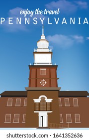 Flat Illustration. Awesome city view on Capital city building, Pennsylvania. Enjoy the travel. Around the world. Quality vector poster. United States.