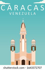 Ilustración plana. Magnífica vista de la ciudad en el edificio de la capital, Caracas. Disfruta del viaje. En todo el mundo. Cartel vectorial de calidad. Venezuela.