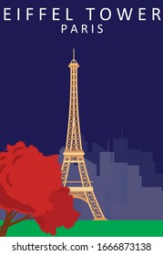 Flat Illustration. Awesome city view on  night day at Eiffel Tower, Paris. Enjoy the travel around the world. Quality vector poster. France.
