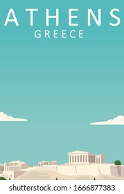 Flat Illustration. Awesome city view in sunny day in Historical Monument, Athens. Enjoy the travel. Around the world. Quality vector poster. Greece