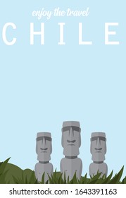 Flat Illustration. Awesome island view on stone statue, Easter Island. Enjoy the travel. Around the world. Quality vector poster. Chile.