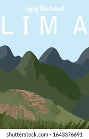 Flat Illustration. Awesome nature view on Green Valley, Lima. Enjoy the travel. Around the world. Quality vector poster. Peru.