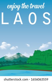 Flache Illustration. Herrliche Natursicht auf See und Tal, Laos. Genießen Sie die Reise. Überall auf der Welt. Vektorillustration-Poster von hoher Qualität.