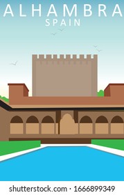 Flat Illustration. Awesome sunny day view on Alhambra Palace, Granada. Enjoy the travel. Around the world. Quality vector poster. Spain