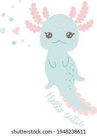 Flat illustration of  baby axolotl. Cute animal vector. Adorable axolotl picture.  Kids design for fabric, textile, decor, cloth, prints.