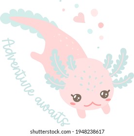 Flat illustration of  baby axolotl. Cute animal vector. Adorable axolotl picture.  Kids design for fabric, textile, decor, cloth, prints.