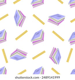 Flat Illustration. Back to School. School essential illustration. Vector textbooks  and ruler seamless pattern.	