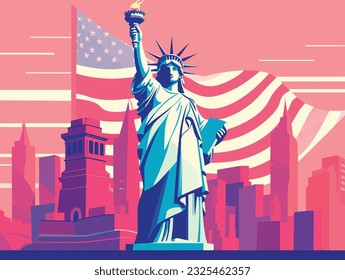 Flat Illustration background of Status of liberty with american flag, vector art, patriotism, US independence