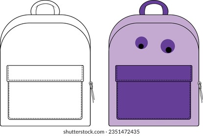 Flat illustration of backpack for school with front pockets, fun kids school bag