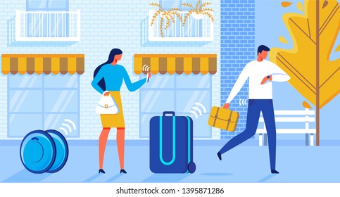 Flat Illustration Baggage Delivery Automation. Man and Woman are Hurrying Along Street, their Suitcases are Traveling with Help Wheel Automation and Control Via Internet. Man Looks his Wrist Watch.