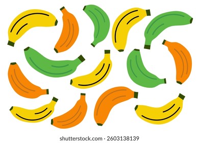 Flat illustration with banana pattern, featuring green, brown, and yellow bananas. Perfect for fruit-themed designs.