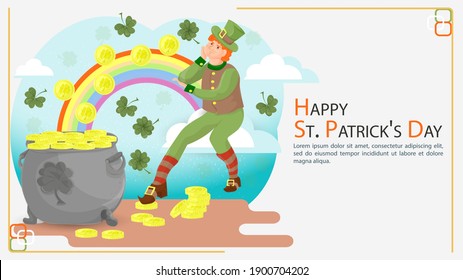 Flat illustration banner for decorating designs, on the theme of celebrating the Irish St. Patricks Day, a guy rides on a cloud with a rainbow, from which gold coins roll in polka dots