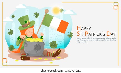 Flat illustration banner for decorating designs, on the theme of celebrating the Irish St. Patricks Day, a girl in a leprechaun dwarf costume hugs a large pot of gold coins