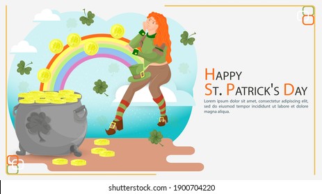 Flat illustration banner for decorating designs, on the theme of celebrating the Irish St. Patricks Day, a girl rides on a cloud with a rainbow, from which gold coins roll in polka dots