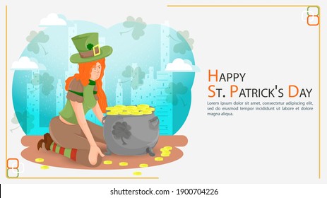 Flat illustration banner for decorating designs, on the theme of celebrating the Irish St. Patricks Day, a girl kneels in front of a large pot of gold coins