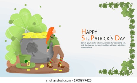 Flat illustration banner for decorating designs, on the theme of celebrating the Irish St. Patricks Day, a girl in a leprechaun dwarf costume closes a polka dot with gold coins, 