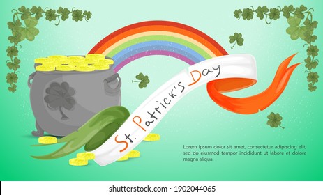 Flat illustration banner for decorating designs, on the theme of the St. Patricks Day holiday, a large pot of gold coins, the national flag of Ireland