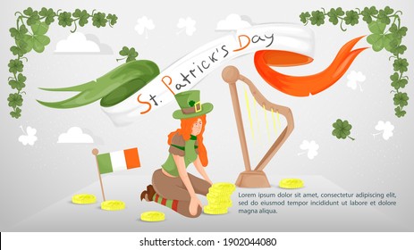 Flat illustration banner for decorating designs, on the theme of the St. Patricks Day holiday, A girl in a leprechaun costume is kneeling in front of musical harp, flag of ireland
