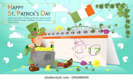 Flat illustration of a banner for decorating designs, on the theme of the St. Patricks Day holiday, A guy holding a pot of gold coins between his legs, against the background of a calendar with a date