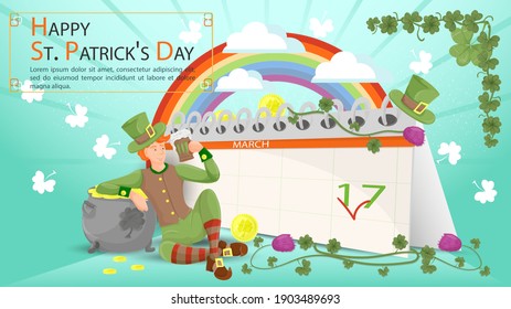 Flat illustration banner for decorating designs, on the theme of the St. Patricks Day holiday, A guy leaning on a pot of gold coins with a mug of ale, against the background of a calendar with a date