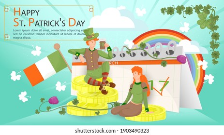 Flat illustration of a banner for decorating designs, on the theme of the St. Patricks Day holiday, A guy with a mug of ale and a girl sitting on a pile of gold coins 