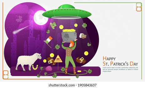 Flat illustration banner for decorating designs, on the theme of the St. Patricks Day holiday, A guy helps a UFO steal a pot of gold coins