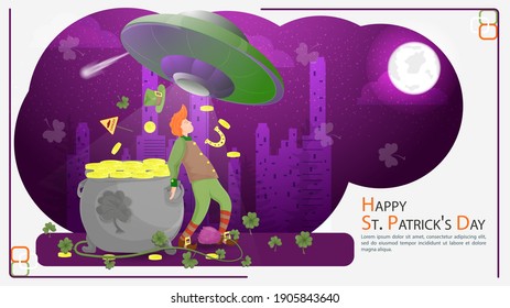 Flat illustration banner for decorating designs, on the theme of the St. Patricks Day holiday, A guy in a leprechaun costume protects a pot of gold coins from UFO theft
