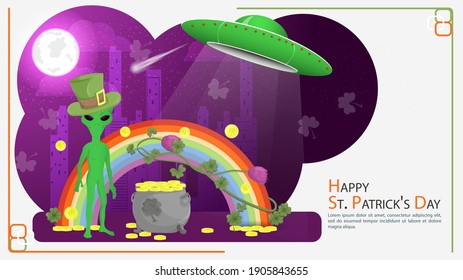 Flat illustration banner for decorating designs, on the theme of the St. Patricks Day holiday, an alien in a leprechaun hat stands next to a rainbow and a pot of gold coins